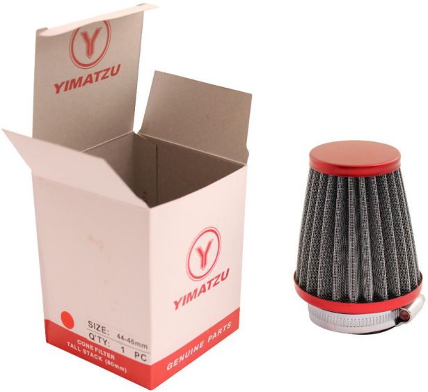 Air Filter - 44mm to 46mm, Conical, Tall Stack (80mm), 2 Stroke, Yimatzu Brand, Red