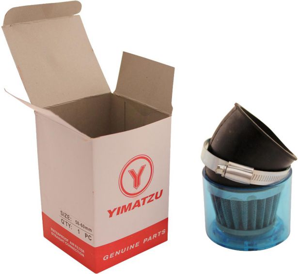 Air Filter - 58mm to 60mm, Conical, Waterproof, Angled, Yimatzu Brand, Blue