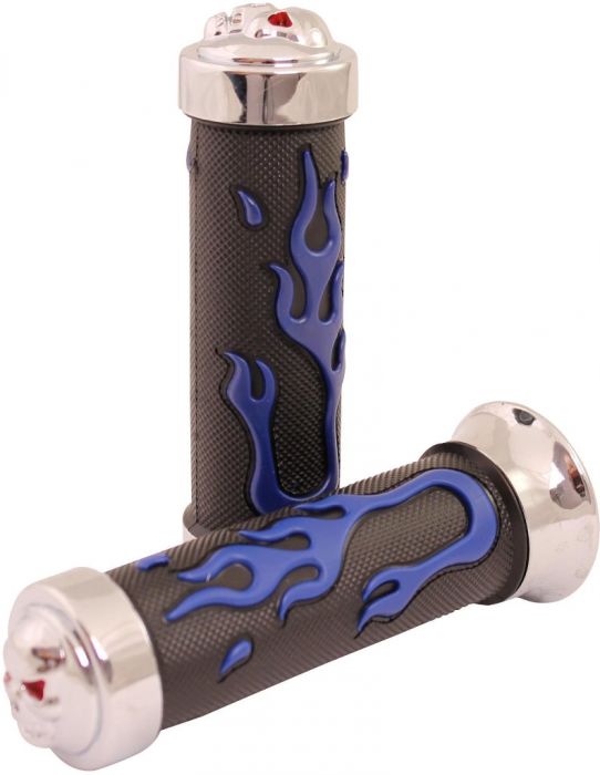 Throttle Grips - Metal Skulls, Blue, 7/8