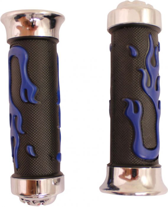 Throttle Grips - Metal Skulls, Blue, 7/8