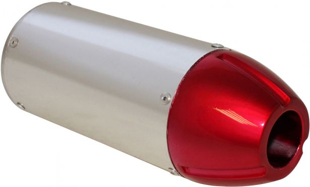 Muffler - Performance CNC, With Mounting Bracket, Chrome and Red