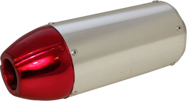 Muffler - Performance CNC, With Mounting Bracket, Chrome and Red