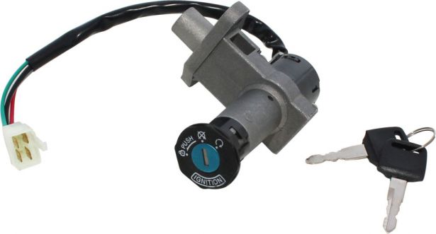 Ignition Key Switch - 4 Wire, 4 pin Male, Metal, Steering Lock, Scooter, GY6