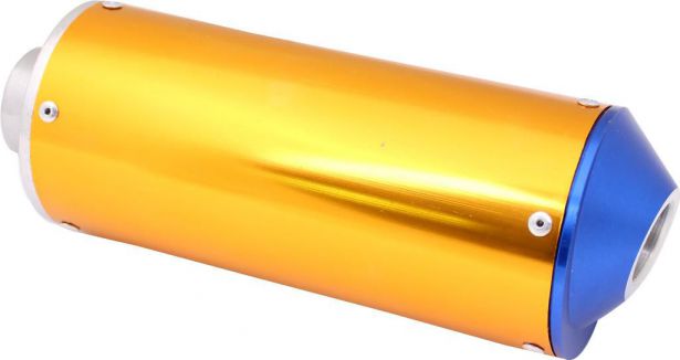 Muffler - Aluminum, With Mounting Bracket, Gold and Blue