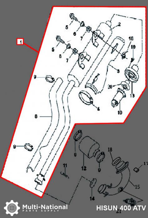 Exhaust Tube and Muffler - Exhaust Pipe and Muffler, Exhaust Manifold, ATV, Hisun, 400cc