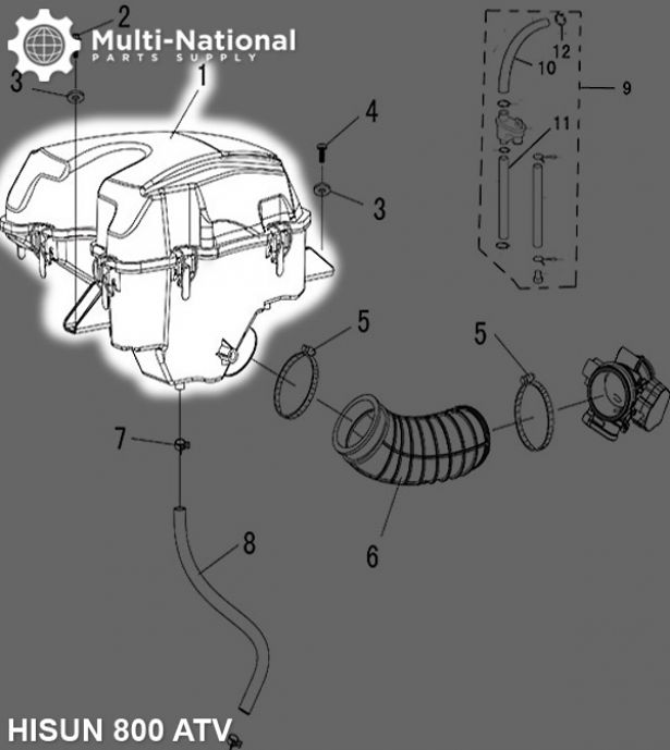 Air Filter Assembly - Air Cleaner Box, ATV, Hisun, 800cc