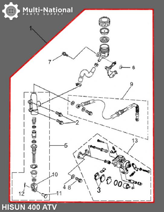 Foot/Rear Brake Lever and Caliper Assembly - ATV, Hisun, 400cc