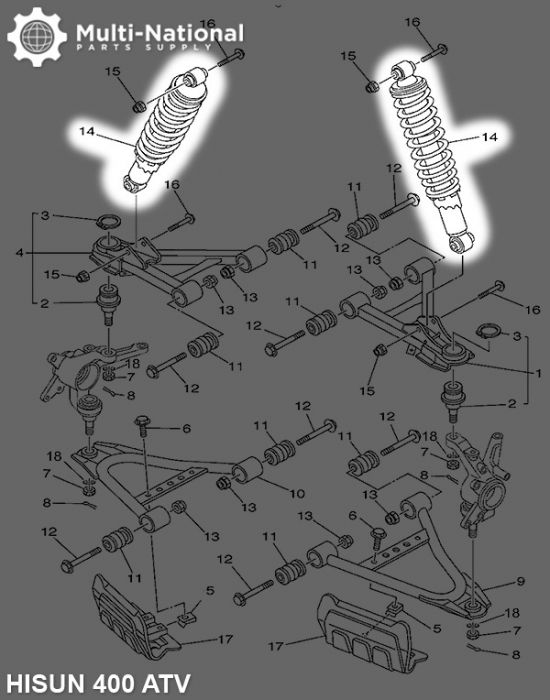 Shock - 360mm, 8mm Spring, Adjustable, Hisun, Front, 400cc