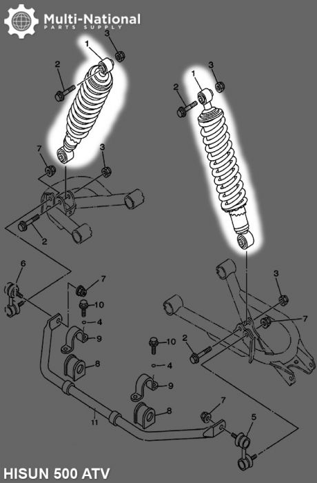 Shock - 365mm, 10mm Spring, Adjustable, Hisun, Rear, 500-700cc