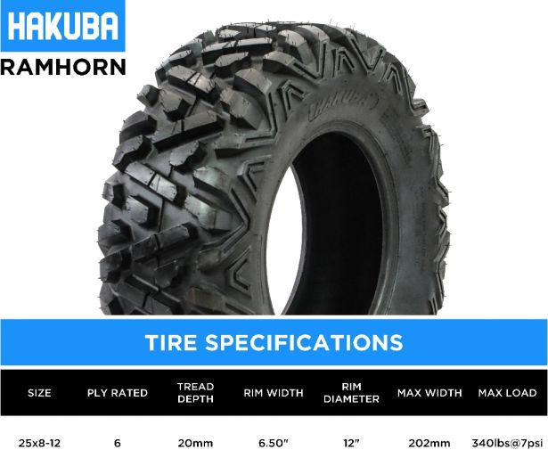 Tire - Hakuba Ramhorn Offroad, 25x8-12, 6 Ply, Bighorn Style, ATV / UTV