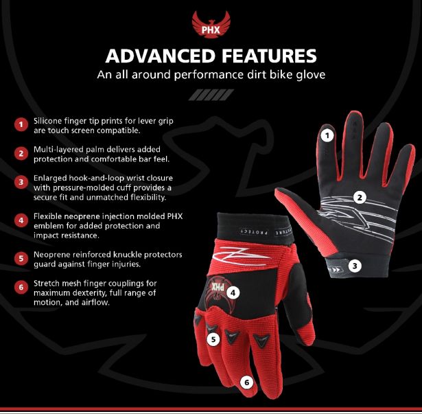 PHX Firelite Gloves - Tempest, Red, Youth, Small