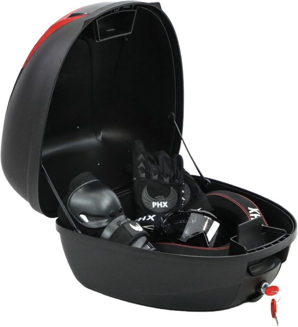 Tail Storage Box - 34L Black Rounded Motorcycle & Scooter Trunk, PHX Gen2, Quick Release, Backrest