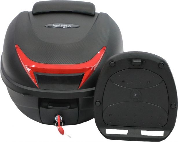 Tail Storage Box - 34L Black Rounded Motorcycle & Scooter Trunk, PHX Gen2, Quick Release, Backrest