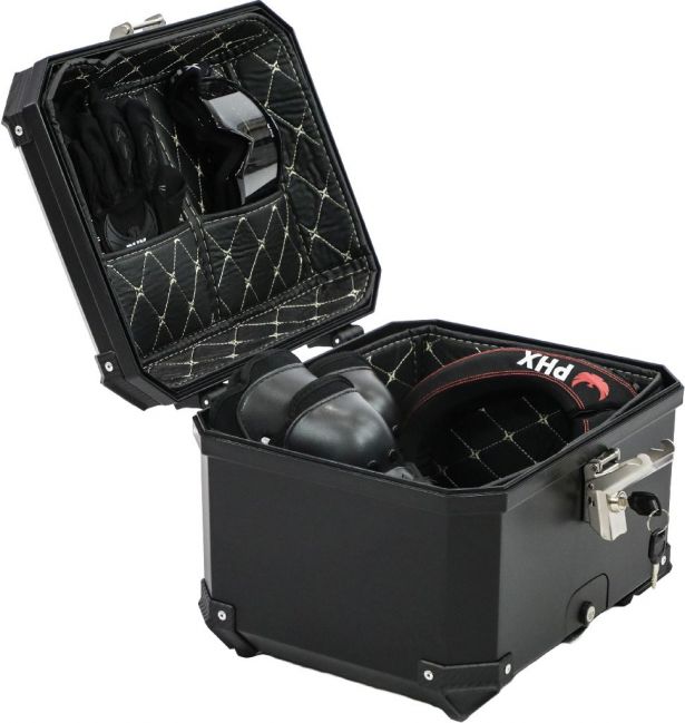 Tail Storage Box - 45L Black Motorcycle & Scooter Trunk, PHX Gen2, Quick Release, Dual Backrest, Corner Reflectors