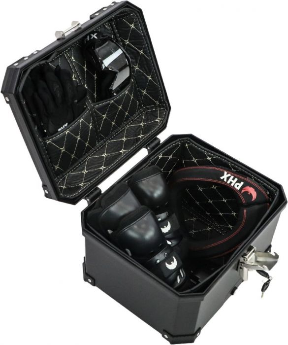 Tail Storage Box - 45L Black Motorcycle & Scooter Trunk, PHX Gen2, Quick Release, Dual Backrest, Corner Reflectors