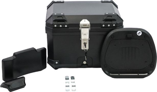 Tail Storage Box - 45L Black Motorcycle & Scooter Trunk, PHX Gen2, Quick Release, Dual Backrest, Corner Reflectors