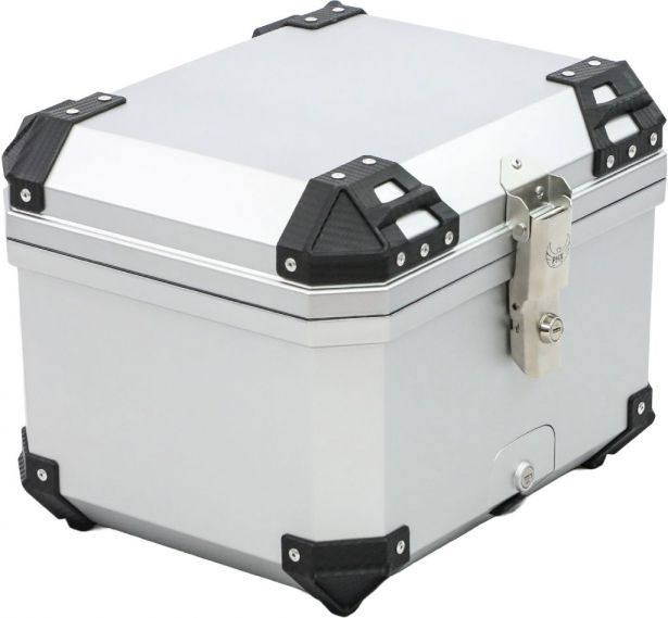 Tail Storage Box - 45L Silver Motorcycle & Scooter Trunk, PHX Gen2, Quick Release, Dual Backrest, Corner Reflectors