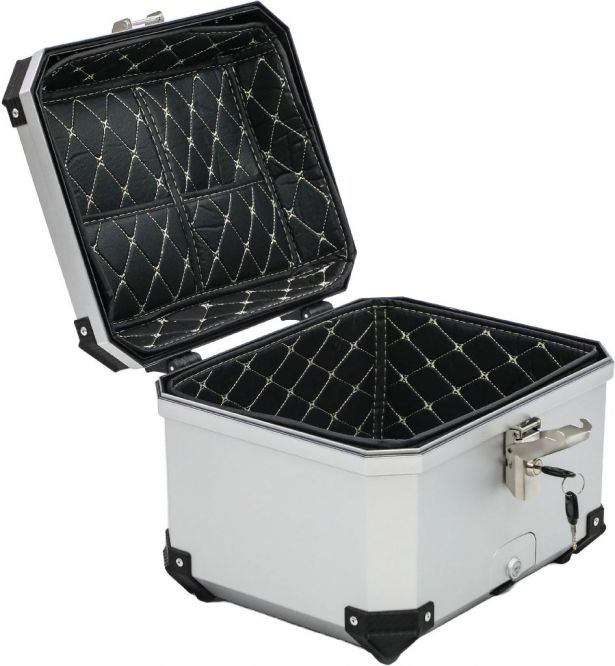 Tail Storage Box - 45L Silver Motorcycle & Scooter Trunk, PHX Gen2, Quick Release, Dual Backrest, Corner Reflectors