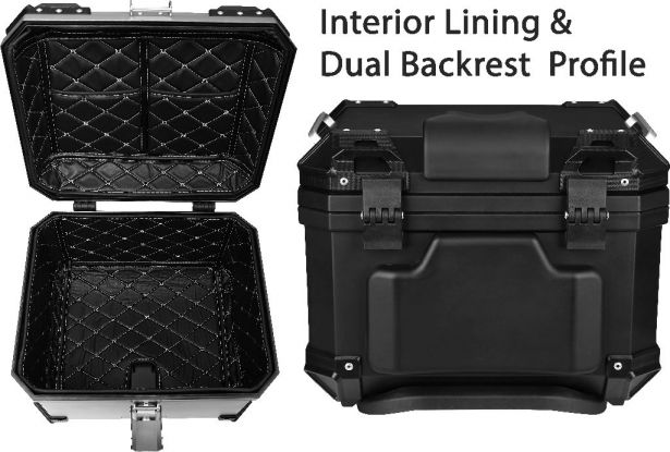 Tail Storage Box - 45L Silver Motorcycle & Scooter Trunk, PHX Gen2, Quick Release, Dual Backrest, Corner Reflectors