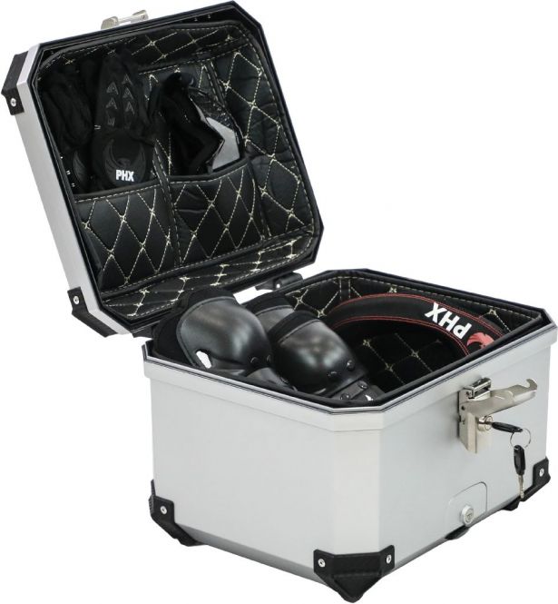 Tail Storage Box - 45L Silver Motorcycle & Scooter Trunk, PHX Gen2, Quick Release, Dual Backrest, Corner Reflectors