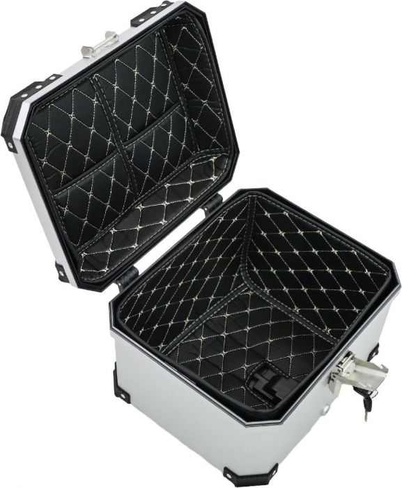 Tail Storage Box - 45L Silver Motorcycle & Scooter Trunk, PHX Gen2, Quick Release, Dual Backrest, Corner Reflectors