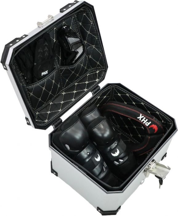 Tail Storage Box - 45L Silver Motorcycle & Scooter Trunk, PHX Gen2, Quick Release, Dual Backrest, Corner Reflectors