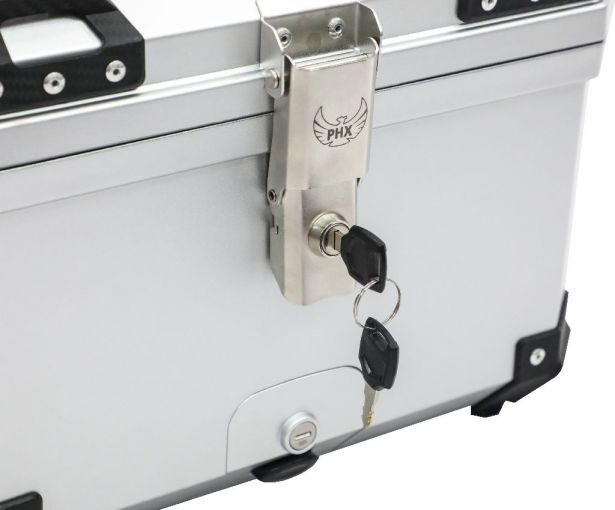 Tail Storage Box - 45L Silver Motorcycle & Scooter Trunk, PHX Gen2, Quick Release, Dual Backrest, Corner Reflectors