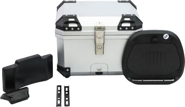 Tail Storage Box - 45L Silver Motorcycle & Scooter Trunk, PHX Gen2, Quick Release, Dual Backrest, Corner Reflectors