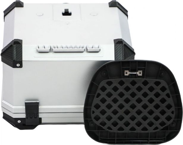 Tail Storage Box - 45L Silver Motorcycle & Scooter Trunk, PHX Gen2, Quick Release, Dual Backrest, Corner Reflectors