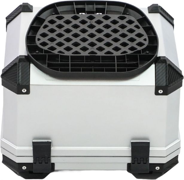 Tail Storage Box - 45L Silver Motorcycle & Scooter Trunk, PHX Gen2, Quick Release, Dual Backrest, Corner Reflectors