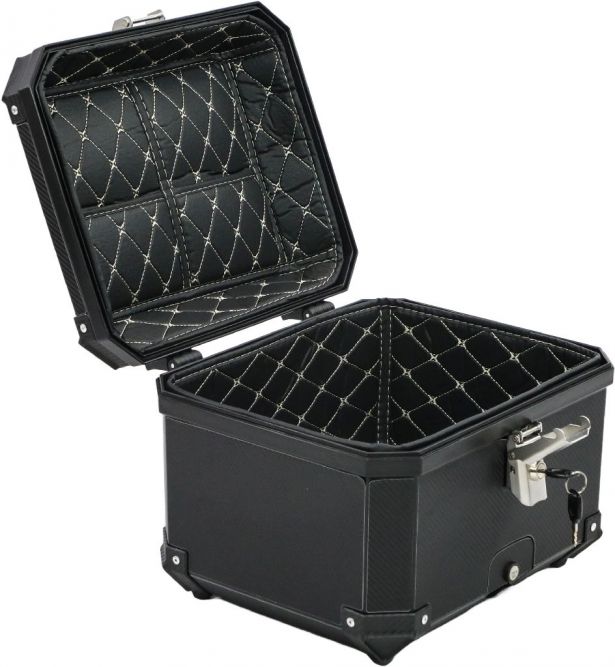 Tail Storage Box - 45L Carbon Motorcycle & Scooter Trunk, PHX Gen2, Quick Release, Dual Backrest, Corner Reflectors