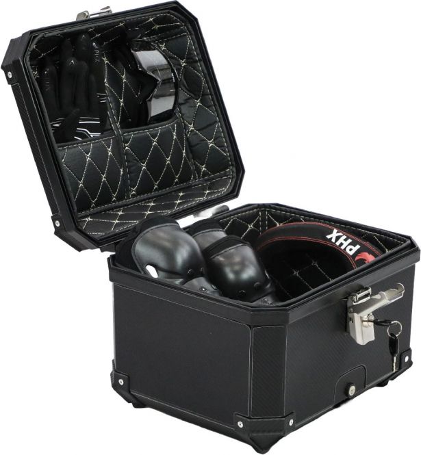 Tail Storage Box - 45L Carbon Motorcycle & Scooter Trunk, PHX Gen2, Quick Release, Dual Backrest, Corner Reflectors