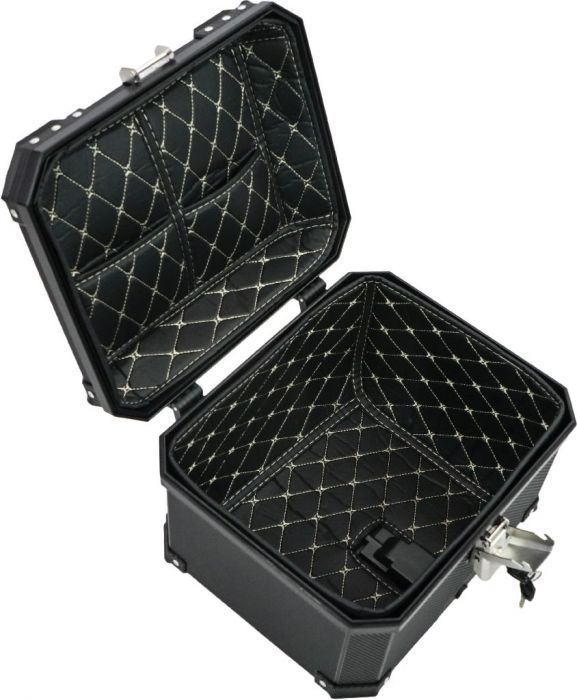 Tail Storage Box - 45L Carbon Motorcycle & Scooter Trunk, PHX Gen2, Quick Release, Dual Backrest, Corner Reflectors