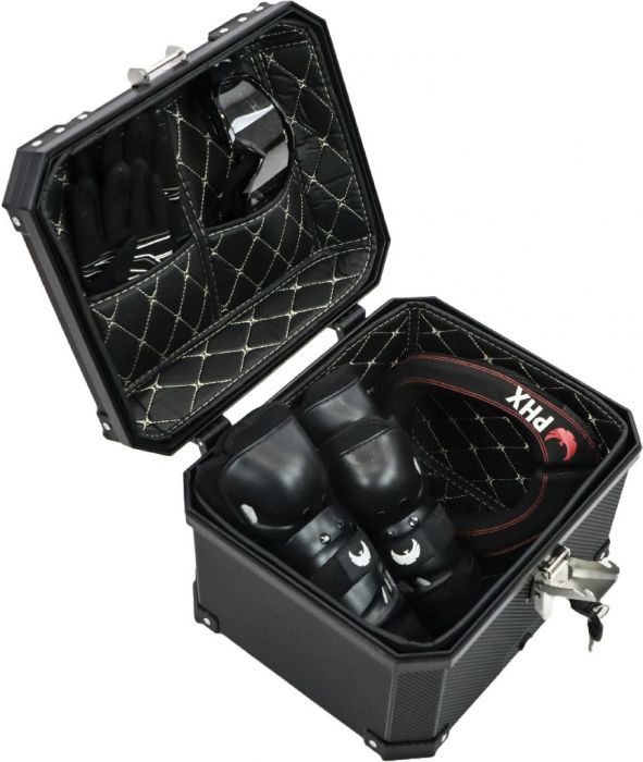 Tail Storage Box - 45L Carbon Motorcycle & Scooter Trunk, PHX Gen2, Quick Release, Dual Backrest, Corner Reflectors