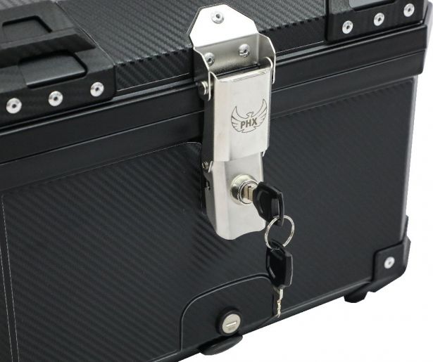 Tail Storage Box - 45L Carbon Motorcycle & Scooter Trunk, PHX Gen2, Quick Release, Dual Backrest, Corner Reflectors