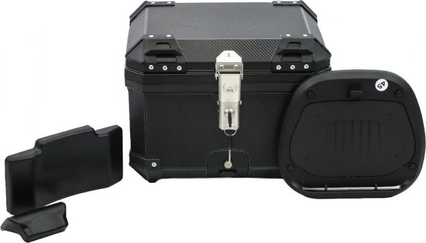 Tail Storage Box - 45L Carbon Motorcycle & Scooter Trunk, PHX Gen2, Quick Release, Dual Backrest, Corner Reflectors