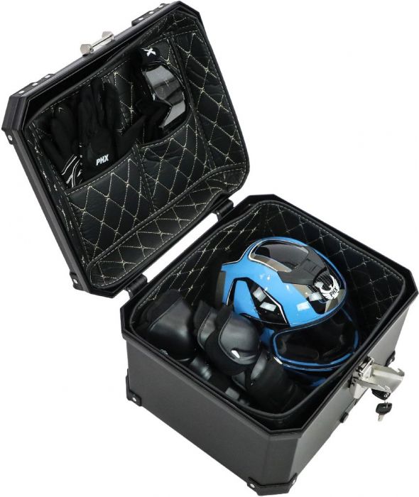 Tail Storage Box - 57L Black Motorcycle & Scooter Trunk, PHX Gen2, Quick Release, Dual Backrest, Corner Reflectors