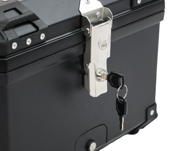 Tail Storage Box - 57L Black Motorcycle & Scooter Trunk, PHX Gen2, Quick Release, Dual Backrest, Corner Reflectors