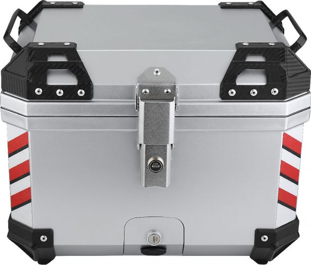 Tail Storage Box - 57L Silver Motorcycle & Scooter Trunk, PHX Gen2, Quick Release, Dual Backrest