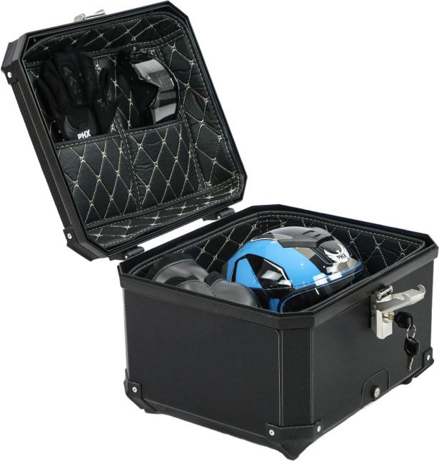 Tail Storage Box - 57L Carbon Motorcycle & Scooter Trunk, PHX Gen2, Quick Release, Dual Backrest, Corner Reflectors