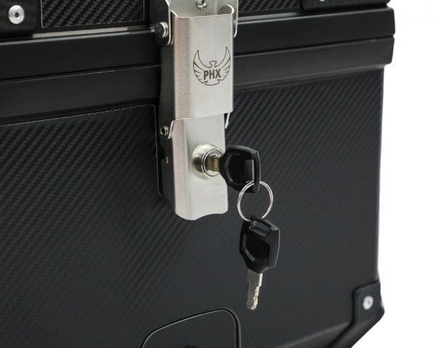 Tail Storage Box - 57L Carbon Motorcycle & Scooter Trunk, PHX Gen2, Quick Release, Dual Backrest, Corner Reflectors