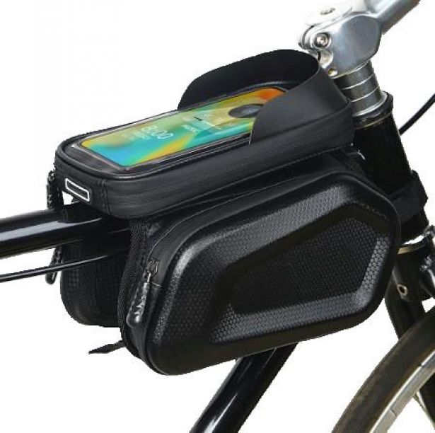 Top Tube Saddle Bag - Ebike / Bicycle Front Frame Saddle Bag & Waterproof Touchscreen Cell Phone Holder with Sunshade, Universal Mount, Black, 7.5x x 4.5in (19 x 11.5cm)