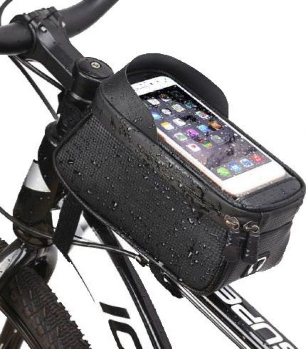 Top Tube Bag - Ebike / Bicycle Front Frame Bag & Waterproof Touchscreen Cell Phone Holder, Universal Mount, Black, 8.3