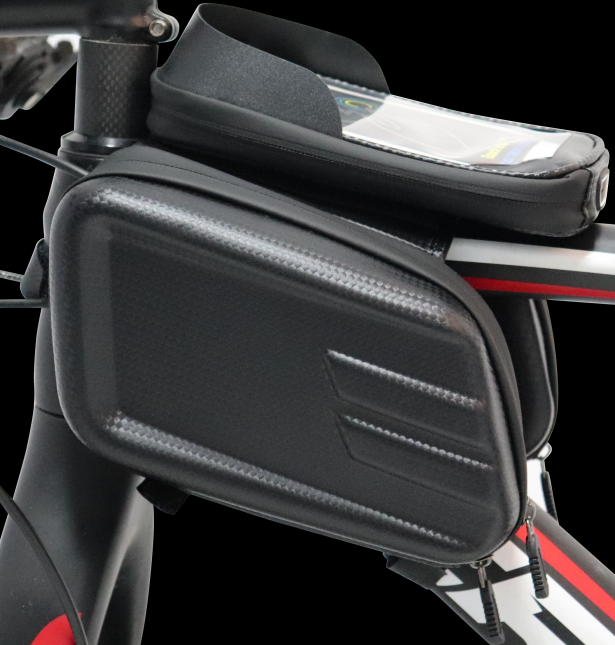 Front Tube Saddle Bag - Ebike / Bicycle Front Frame SaddleBag & Waterproof Touchscreen Smartphone Holder, Universal Mount, Black & Carbon