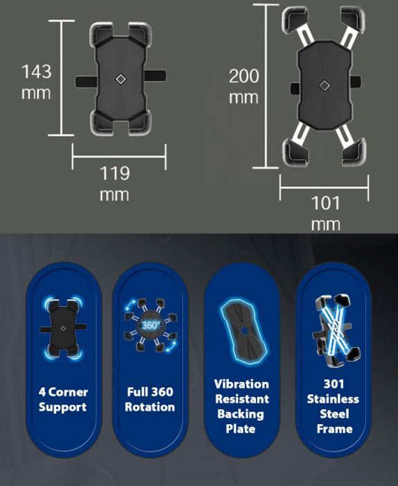 Cell Phone Mount - 4 Corner Profile, 4.5-7.2 Inch Phones, 20-30mm Handlebar Mount