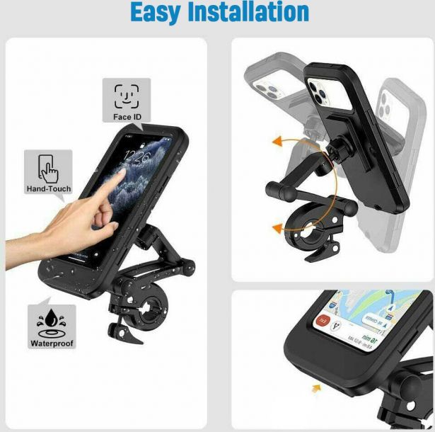 Touchscreen Cell Phone Mount - Universal Fit, Black, Waterproof, 360 Degree, Quick Release