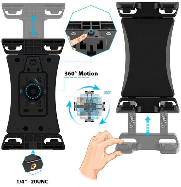 Tripod Mount - Phone & Tablet Stand, Selfie Stick, Upper and Lower Support Profile, Threaded Mounts