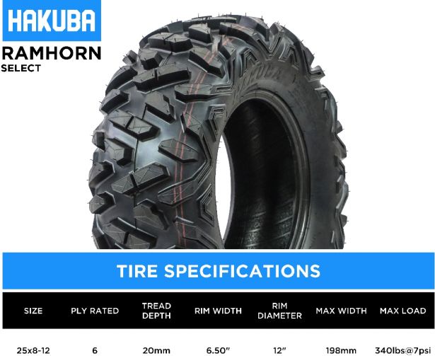 Tire - Hakuba Ramhorn Select Offroad, 25x8-12, 6 Ply, Bighorn Style, ATV / UTV