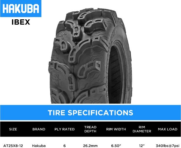Tire - Hakuba Ibex Offroad, 25x8-12, 6 Ply, Zilla Style, Super Mud Lugs, ATV / UTV