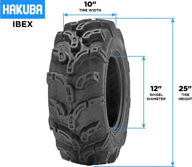 Tire - Hakuba Ibex Offroad, 25x10-12, 6 Ply, Zilla Style, Super Mud Lugs, ATV / UTV